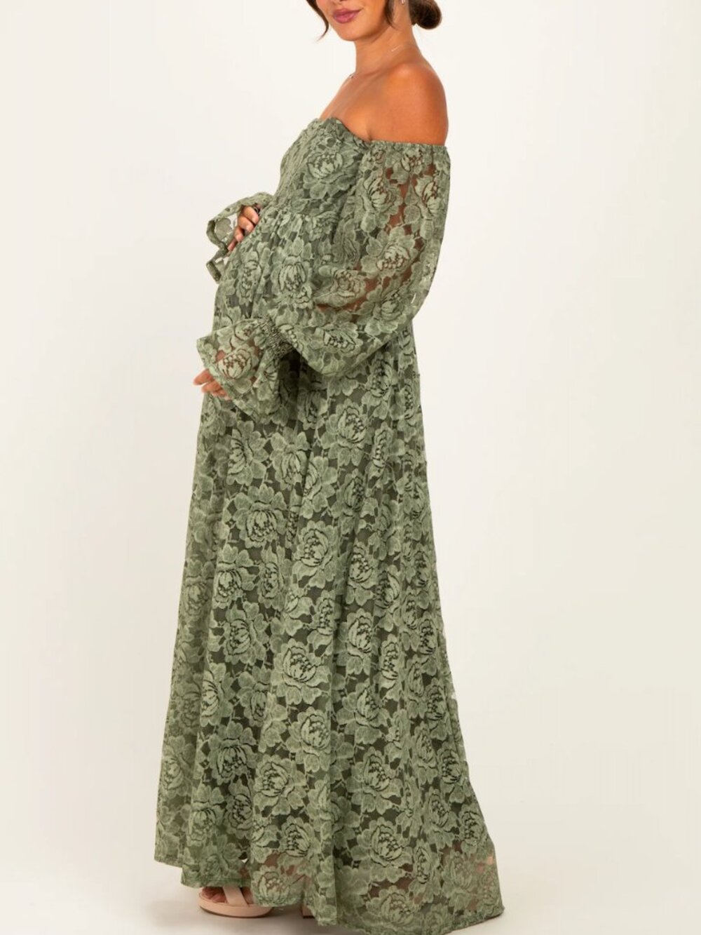 Olive Lace Off Shoulder Long Sleeve Maternity Maxi Dress (MEDIUM)